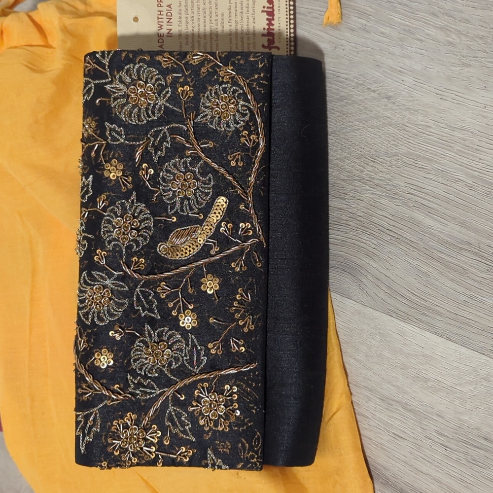 Fabindia Shunya Bird & Tree Clutch Black & Copper and Gold Beadwork